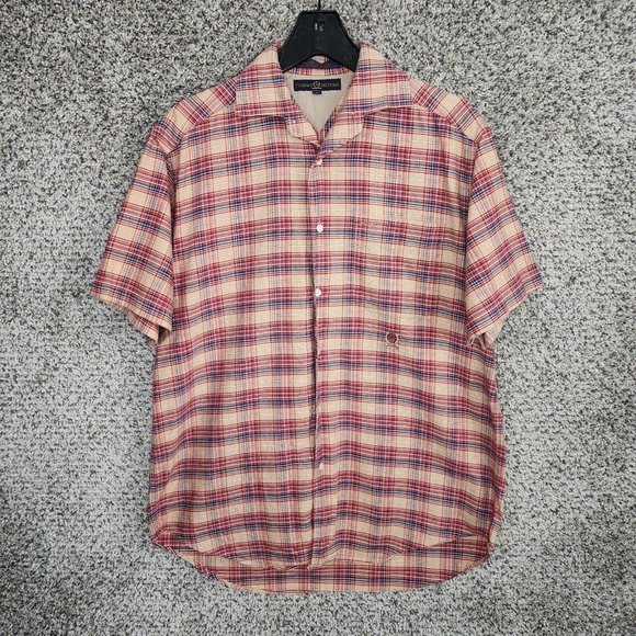 Tommy Hilfiger Button Up‎ Shirt Mens Small Short Sleeve Plaid Embroidered Logo - Picture 1 of 7